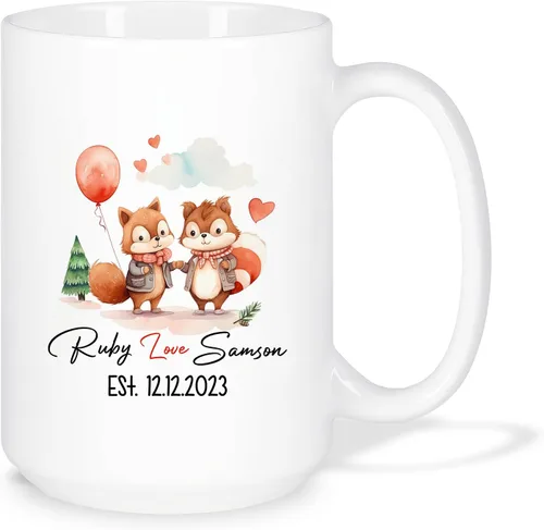 Taza de café personalizada con diseño de zorro de 11 onzas, 15 onzas, divertida taza de viaje para pareja de zorros, taza de té con nombre y fecha