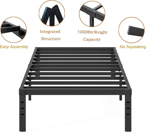 Miniatura 8 de Base de cama alta de 18 pulgadas, tamaño individual, marcos de cama de metal resistentes en negro, no necesita somier, fácil montaje, almacenamiento