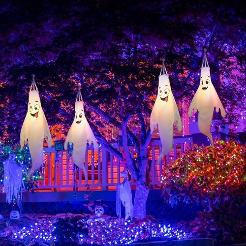 Miniatura 6 de Decoraciones de Halloween, para colgar al aire libre, calcetines de viento fantasma para árboles con temporizador, fantasmas LED para colgar