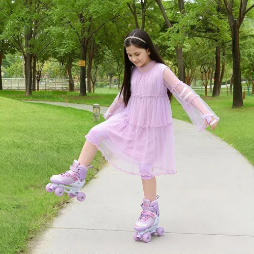 Miniatura 5 de Patines de ruedas para niñas, niños y principiantes, 4 tamaños ajustables con ruedas que se iluminan, patines morados y rosados divertidos e