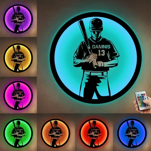 Miniatura 15 de Letrero de metal personalizado para jugador de béisbol con luz LED, nombre y número personalizado, arte de pared de béisbol, letrero de neón