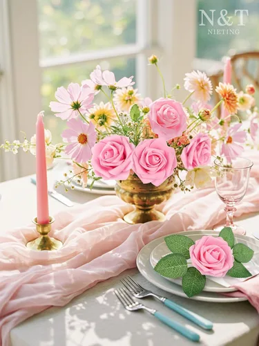 Miniatura 114 de N&T NIETING Flores artificiales, rosas artificiales de color rosa intenso, 50 piezas de flores falsas con tallo para ramos de boda DIY, centros