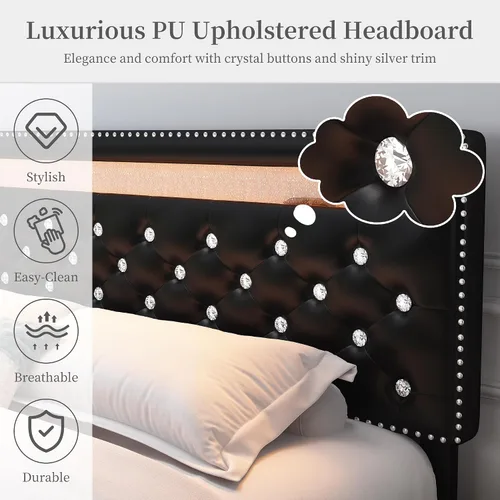 Miniatura 7 de SIBEDS Base de cama completa con LED y 2 cajones, marco de cama de plataforma de metal resistente de tamaño completo con cabecera ajustable