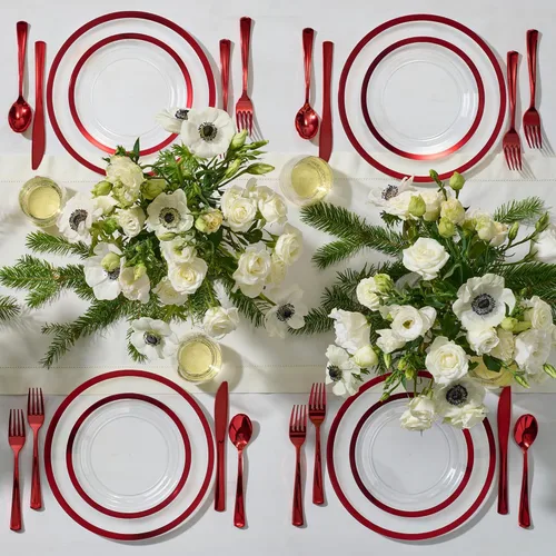 Miniatura 2 de By Madee Premium - 100 platos de plástico transparente y rojo para fiesta, 50 platos de cena y postre con ribete metálico, extra pesados, 30% más