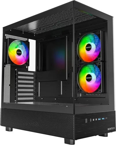 MONTECH XR-B, chasis para PC de torre media ATX Gaming, ventiladores ARGB PWM de 3x120mm preinstalados, panel de vidrio templado de doble vista