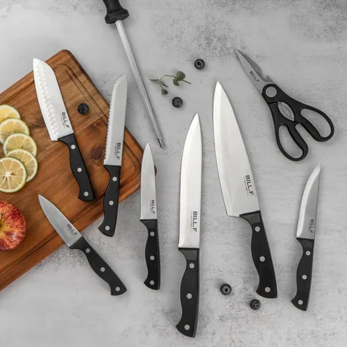 Miniatura 6 de Juego de cuchillos de cocina de madera para cocina con bloque de cuchillos de acero inoxidable, 16 piezas y tabla de cortar con ranura, asas negras