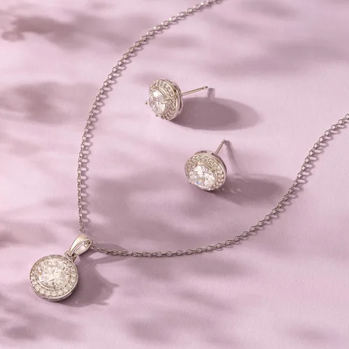 Miniatura 5 de Conjunto de joyas, plata esterlina, corte circular, zirconia cúbica, aretes con borde y collar con dije, 18 pulgadas.