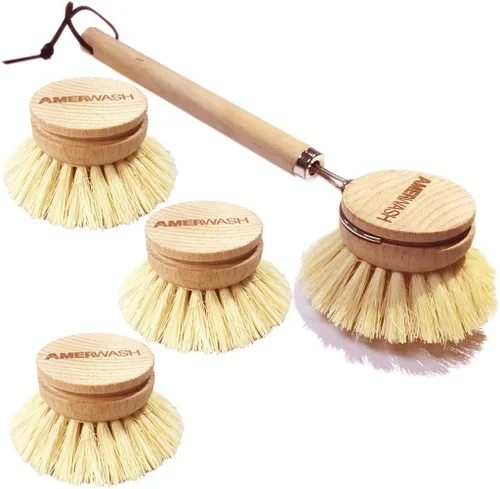 AMERWASH PLUS Cepillo para platos con mango de madera, cepillo de cocina natural para platos, verduras, ollas y sartenes, limpiador de cerdas de