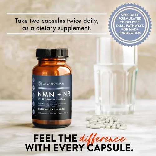 Miniatura 6 de Mt. Angel Vitamins Suplemento NMN + NR con resveratrol y TMG, precursores duales de NAD+ para energía celular y envejecimiento saludable, 60 cápsulas