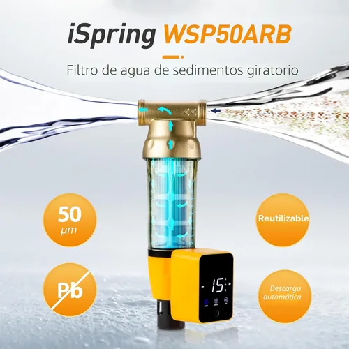Miniatura 3 de iSpring WSP50ARB - Filtro de agua de sedimentos giratorio, reutilizable con módulo de descarga automática de pantalla táctil y raspador de carcasa