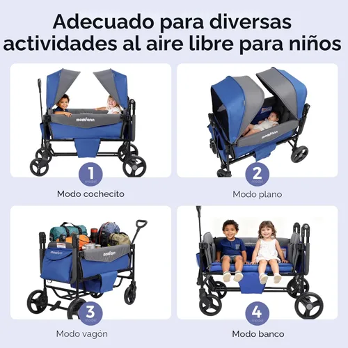Miniatura 8 de MOMFANN Vagón Cochecito para 2 Niños, Vagón Cochecito Plegable con Toldo, Organizador para Padres de Todo Terreno, Asa Ajustable y Barra de Tracción