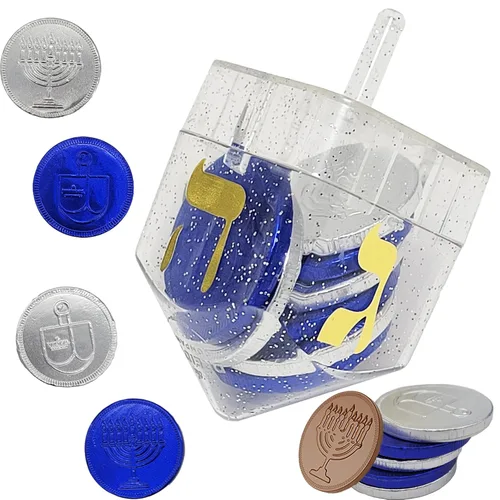 Miniatura 4 de The Dreidel Company 2 paquetes de Dreidel rellenos con monedas de Hanukkah Gelt azules y plateadas, 10 monedas de Hanukkah Gelt por Dreidel, total