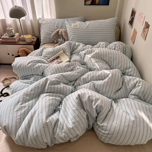 Miniatura 40 de AOJIM Blue & Brown Striped Duvet Cover Set Twin Size 100% Washed Cotton Stripe Bedding Set 3-Piece, Soft Zipper Comforter Cover and 2 Pillowcases