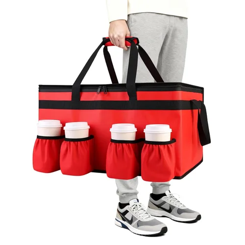 Bolsa de entrega de alimentos con aislamiento con 4 portavasos, bolsas de comestibles aisladas extra grandes para mantener los alimentos Rojo