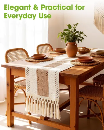 Miniatura 2 de Pureegg Camino de mesa bohemio de granja – 48 pulgadas, diseño de borla tejida con textura de lino para decoración de mesa de comedor, cocina, mesa