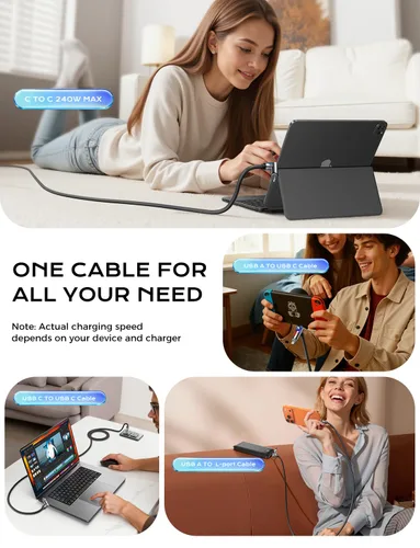 Miniatura 5 de MAGIC JOHN Cable de carga 240W 4 en 1, 4 pies USB C a Lightning [Certificado MFi], cargadores múltiples para todos los dispositivos, USB A/C grueso