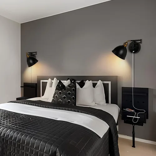 Miniatura 4 de Apliques de pared con brazo oscilante, lámpara de pared enchufable, lámpara de pared para dormitorio, pantalla de tela blanca, con interruptor