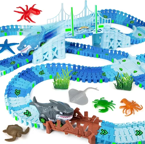 Miniatura 9 de 157 PCS Construction Race Tracks for Kids, Glow in The Dark Magic Toy Set with 360° Loop Ramp, 1 Light Up Car, 3 Construction Cars, Flexible DIY