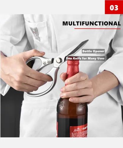 Miniatura 5 de Tijeras de cocina de acero inoxidable multifunción, tijeras de alimentos ultra afiladas para carne, pescado, pollo, pizza, ensalada, barbacoa