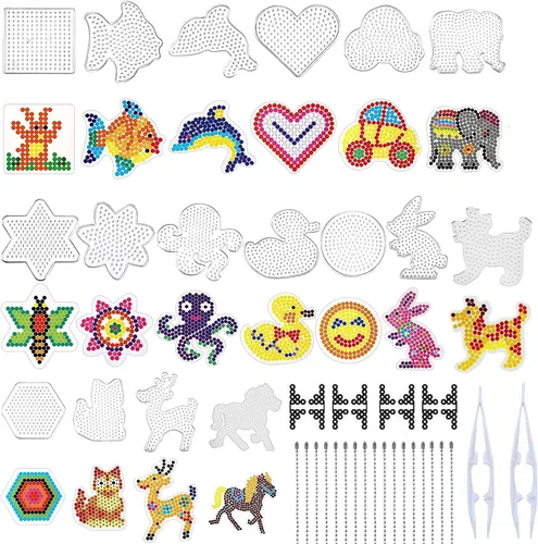H&W 20 tableros de cuentas fusibles de 0.197 in, plantilla transparente con forma de animal con 20 tarjetas coloridas, 2 pinzas, 8 bases, 2 pinzas,