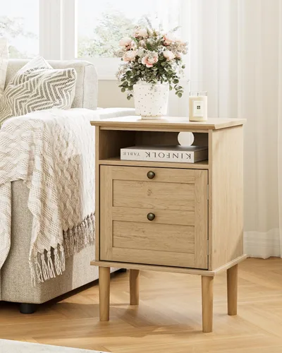 Miniatura 6 de Mesita de noche, mesita de noche bohemia con 1 cajón, mesa auxiliar moderna con estante abierto, mesa auxiliar de noche de madera para dormitorio