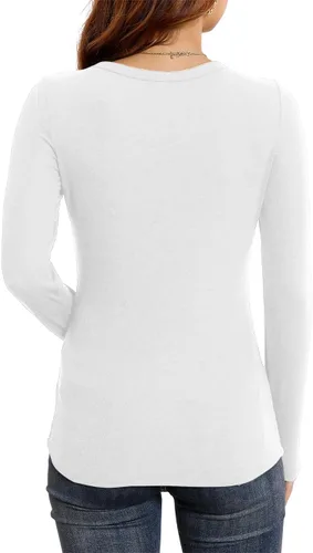 Miniatura 2 de HWOKEFEIYU Camisas básicas de manga larga para mujer, elásticas, delgadas, cuello redondo, acanaladas