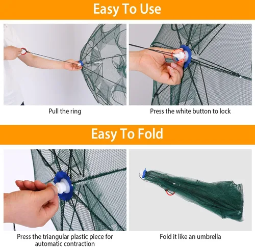 Miniatura 6 de Red plegable para trampa de peces para cangrejos, cangrejos, minnows, camarones - Jaula de cebo de pesca plegable automática con 8 entradas, fácil