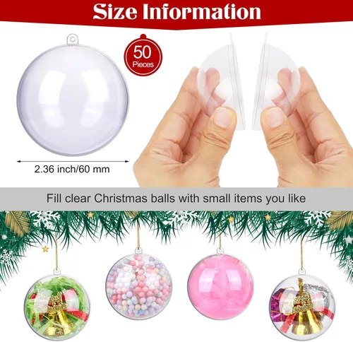 Miniatura 2 de 50 adornos de bolas rellenables de plástico transparente – Bolas transparentes para manualidades, adornos colgantes inastillables para árbol