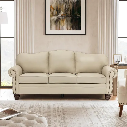 Miniatura 16 de El apoyo que necesitas 152 cm de ancho Sofá Chesterfield de cuero genuino, sofá con brazos enrollados, reborde con clavos para muebles de sala
