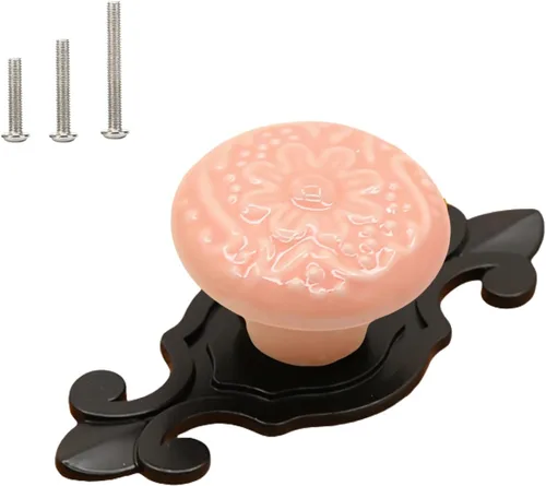 Miniatura 18 de HUAMULAN Paquete de 10 pomos de cerámica retro vintage para aparador, cocina, pétalos, tiradores de armario, cajón, base negra, placa trasera