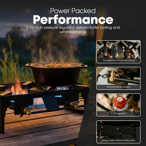 Miniatura 5 de GasOne - Quemador de propano doble con bolsa de transporte, altura ajustable, patas extraíbles de 4 niveles para cocinar al aire libre, regulador