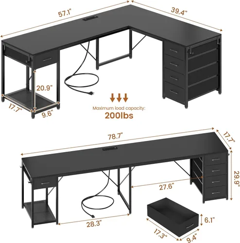 Miniatura 3 de Escritorio en forma de L de 57 pulgadas con 5 cajones, escritorio de esquina reversible para computadora con almacenamiento y tira de alimentación