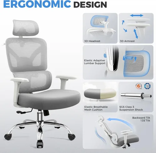 Miniatura 9 de Silla de oficina, silla de escritorio ergonómica de oficina con soporte lumbar, respaldo de malla transpirable y cojín de asiento grueso, sillas