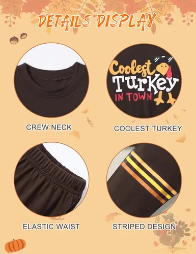 Miniatura 5 de WIQI Toddler Baby Boy Thanksgiving Outfit Turkey Letter Print Long Sleeve Striped Tops + Long Pants Thanksgiving Outfit Set