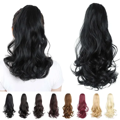Miniatura 44 de Extensiones de cola de caballo, extensiones de cabello rizado con clip de garra de color marrón oscuro para mujer, peluca sintética de cola