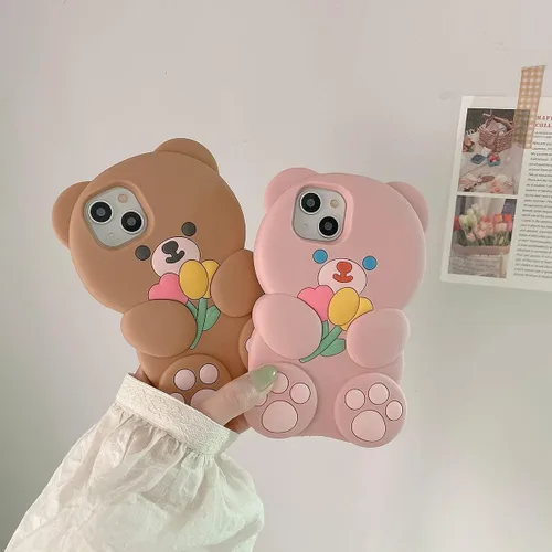 Miniatura 7 de Funda para iPhone 13 Cute Kawaii 3D Cartoon Flower Bear Marrón Suave Silicona a prueba de golpes Funda protectora para niños niñas