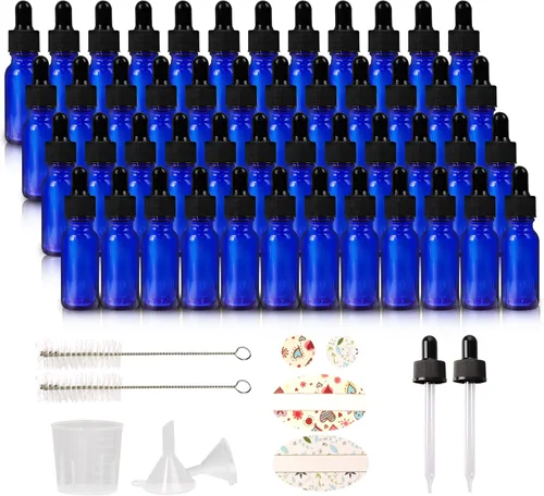 Paquete de 48 botellas de vidrio azul cobalto de 1/2 oz (0.5 fl oz) con cuentagotas de vidrio para aceites esenciales, perfumes y productos químicos