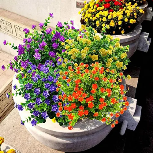 Miniatura 7 de 12 paquetes de flores artificiales para exteriores, plantas falsas para decoración de otoño y verano, flores de seda artificiales, resistencia