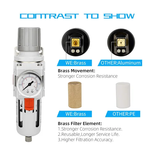 Miniatura 5 de NANPU Regulador de Filtro de Aire Comprimido Combo Piggyback NPT de 1/2", Elemento de Latón de 5 Micrones, Tazón de Polímero, Drenaje