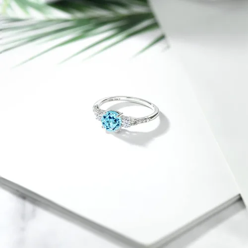 Miniatura 143 de Gem Stone King Anillo de compromiso de 3 piedras preciosas redondas de oro blanco de 10 quilates con piedra natal de 0.236 in con piedra natal