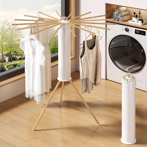 Miniatura 2 de Trípode plegable para secado de ropa, madera de haya y soporte de lavandería portátil, colgador plegable que ahorra espacio con 16 brazos