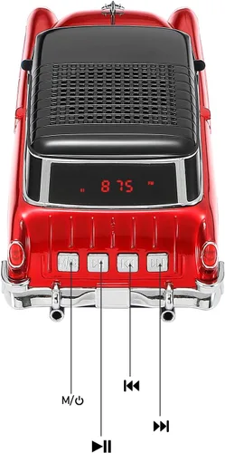 Miniatura 7 de Altavoz Bluetooth retro clásico modelo de automóvil con luz ambiental LED, emparejamiento estéreo TWS, ruedas móviles, sonido HD, altavoz Rojo