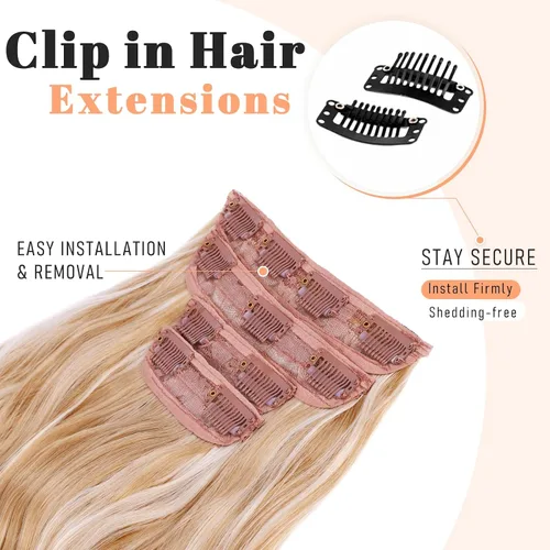Miniatura 3 de Extensiones de cabello con clip de Vigorous de 20 pulgadas, con reflejos rubio playa, extensiones de cabello ondulado largo y suave de cabello