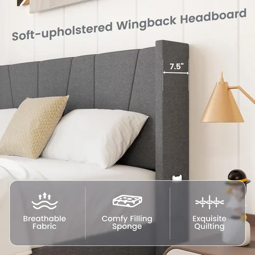 Miniatura 5 de KOMFOTT Base de cama tapizada tamaño Queen con cabecera con respaldo de ala, plataforma moderna con soporte de listones de madera, base de colchón