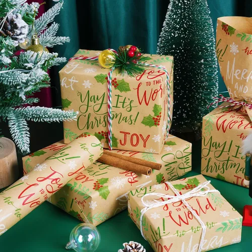 Miniatura 9 de Rollo de papel de regalo de Navidad, rollo de papel kraft vintage, 17 pulgadas x 49 pies, copos de nieve, hojas/bayas de acebo, papel de regalo