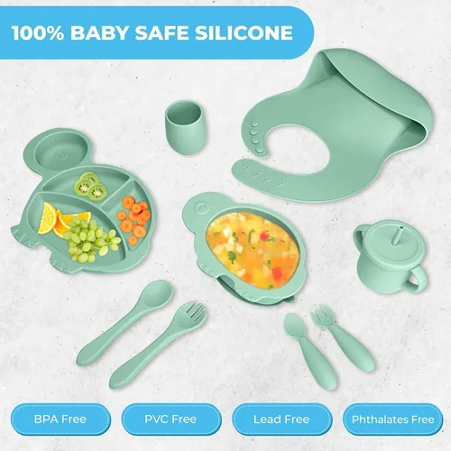 Miniatura 7 de Juego de alimentación de silicona para bebés, 9 piezas, utensilios sólidos de primera etapa para comer alimentos para bebés, más de 6 meses