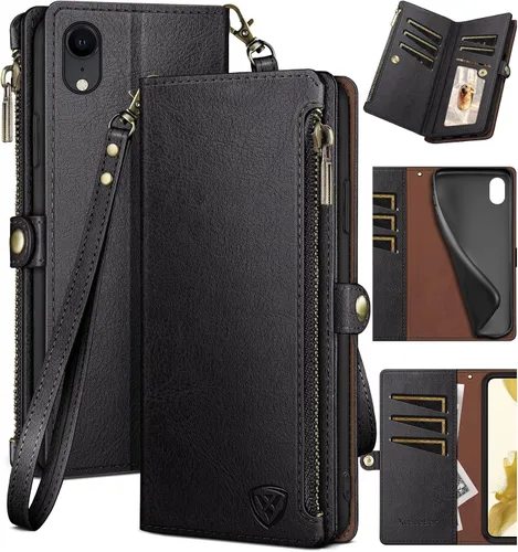 XcaseBar Funda tipo cartera para iPhone XR de 6.1 pulgadas con bloqueo RFID, soporte para tarjetas de crédito con cremallera, funda de piel