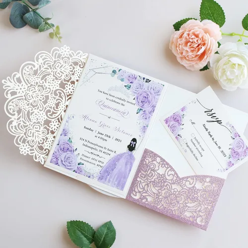 Miniatura 2 de Hosmsua 50 bolsillos de invitación de boda con purpurina morada, 5.12 x 7.2 pulgadas, corte láser, bolsillos de invitación de quinceañera de encaje
