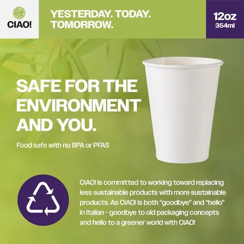 Miniatura 3 de CIAO! Vaso de papel blanco para bebidas calientes de 12 onzas, desechable, 90 mm de diámetro, 1.000