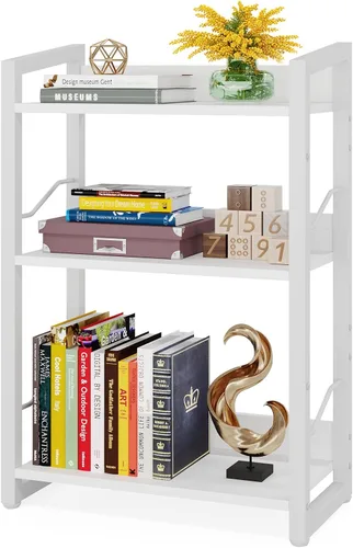 Miniatura 9 de Hosfais Estantería pequeña para libros, estantería de madera de 3 niveles, estantería industrial, estantería estrecha de metal, organizador